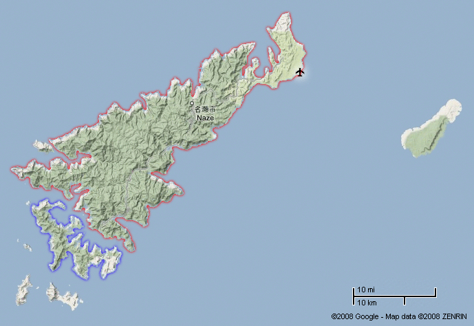 Map of the Amami Islands, Japan, with Amami-ooshima highlighted in red, and Kakeroma-jima, in purple