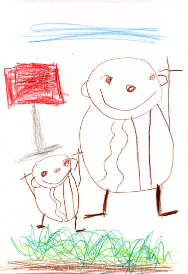 Anthony's drawing of himself and Mommy, under blue skys and near a post box, in front of grass. They have their arm/arms raised in cheer because they're happy that the grass is growing. Dran Jan 7, 2007