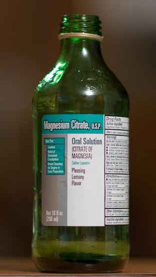 A bottle of magnesium citrate, an extremely effective cure for constipation