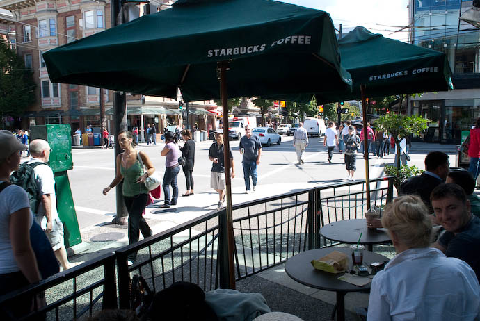 Starbucks Coffee D&eacute;j&agrave; Vu A Starbucks on both the East (background) and West (foreground) corners of Robson and Thurlow Vancouver, B.C., Canada -- Vancouver, British Columbia, Canada -- Copyright 2008 Jeffrey Eric Francis Friedl, http://regex.info/blog/