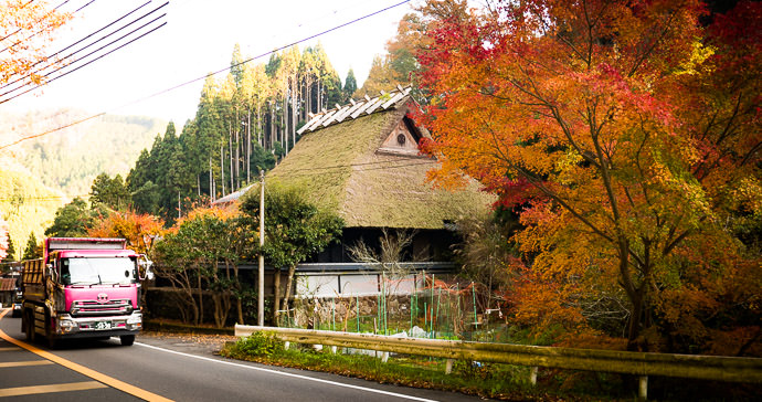 Typical Japan wires, maple, dump truck, thatched farmhouse, guardrail -- Kyoto, Japan -- Copyright 2016 Jeffrey Friedl, http://regex.info/blog/ -- This photo is licensed to the public under the Creative Commons Attribution-NonCommercial 4.0 International License http://creativecommons.org/licenses/by-nc/4.0/ (non-commercial use is freely allowed if proper attribution is given, including a link back to this page on http://regex.info/ when used online)