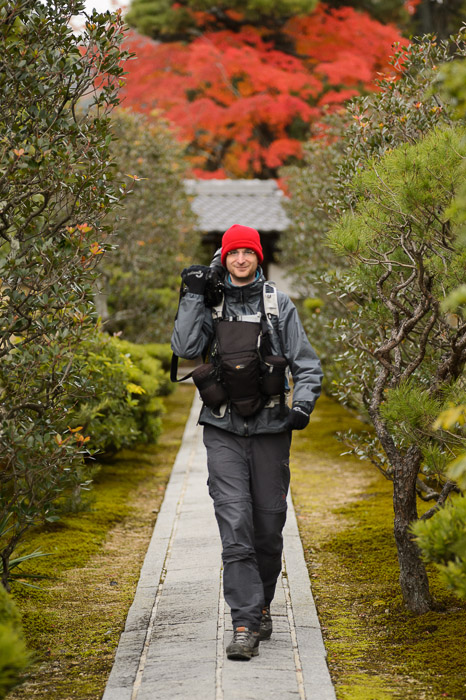 Marching Back from shooting those red leaves in the background, at the Toku'un-in Temple (徳雲院), Kyoto Japan  --  Toku'un-in Temple (徳雲院)  --  Copyright 2012 Jeffrey Friedl, http://regex.info/blog/