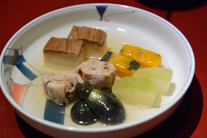 Another Assortment eel, chicken, pumpkin, eggplant, daikon -- Nagasaki, Japan -- Copyright 2013 Jeffrey Friedl, http://regex.info/blog/