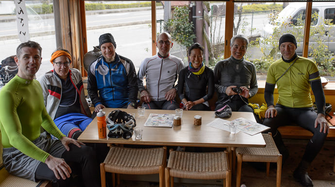 First Group Shot of the Day me, Arthur, Gorm, Henry, Kumiko, Manseki, Jamie (taken by a waitress standing on a chair ) -- Sajo-Toson (茶丈藤村) -- Kyoto, Japan -- Copyright 2015 Jeffrey Friedl, http://regex.info/blog/