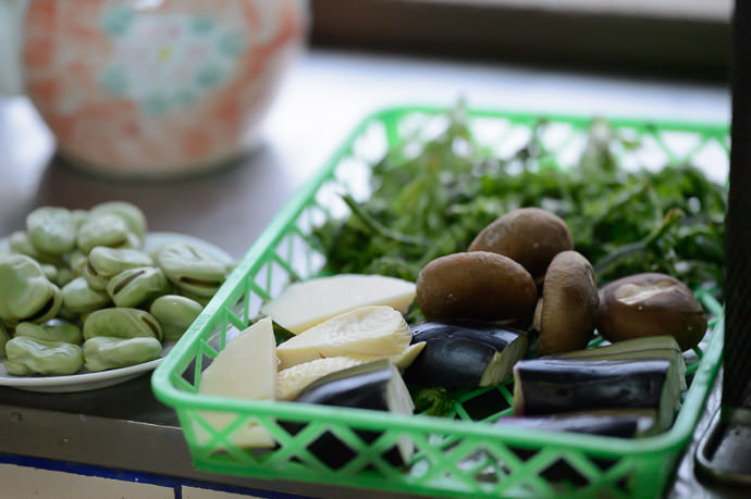 Pre-Prepared Veggies including eggplant, bamboo sprouts, mushrooms, some giant beans, etc. -- Takashima, Shiga, Japan -- Copyright 2015 Jeffrey Friedl, http://regex.info/blog/