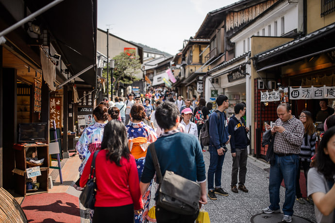 Approach to the Kiyomizu Temple crazy crowded as always -- Kyoto, Japan -- Copyright 2015 Jeffrey Friedl, http://regex.info/blog/ -- This photo is licensed to the public under the Creative Commons Attribution-NonCommercial 4.0 International License http://creativecommons.org/licenses/by-nc/4.0/ (non-commercial use is freely allowed if proper attribution is given, including a link back to this page on http://regex.info/ when used online)