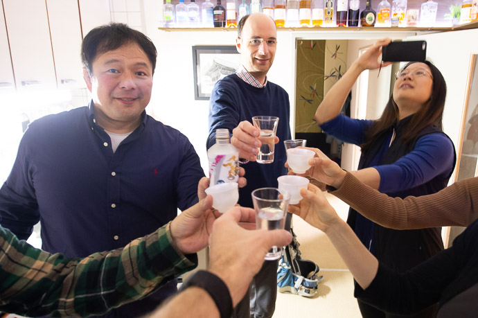 Cheers! Naoto, the brainchild behind it all, is at left (trivia: Naoto's mom did the calligraphy for the label) -- Kyoto, Japan -- Copyright 2019 Jeffrey Friedl, http://regex.info/blog/