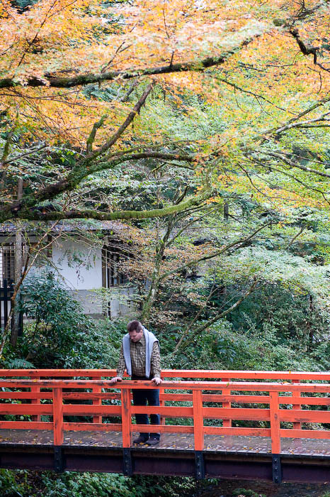 Bridge over the River watching Anthony play at the water's edge below  --  Kibune  --  Kyoto, Japan  --  Copyright 2008 Jeffrey Friedl, http://regex.info/blog/
