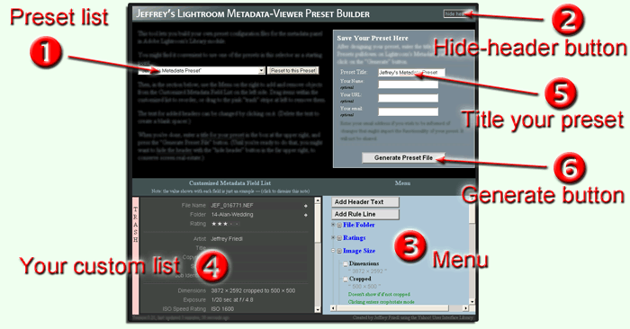 Jeffrey's Lightroom Metadata-Viewer Preset Builder in action