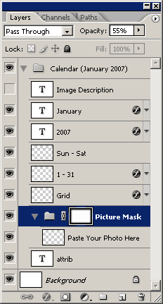 Photoshop Layers pallete showing the result of building a calendar
with Jeffrey's Calendar-Building Photoshop script
(http://regex.info/blog/photo-tech/calendar/)