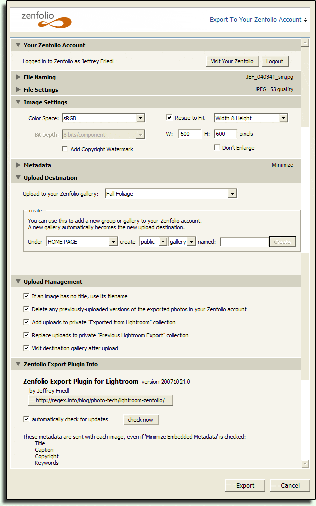 An "Export to Zenfolio" export dialog in Adobe Lightroom