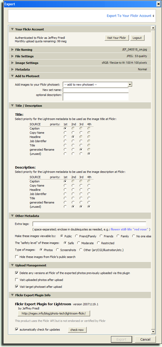 Screenshot of the export dialog for my export-to-Flickr Lightroom plugin