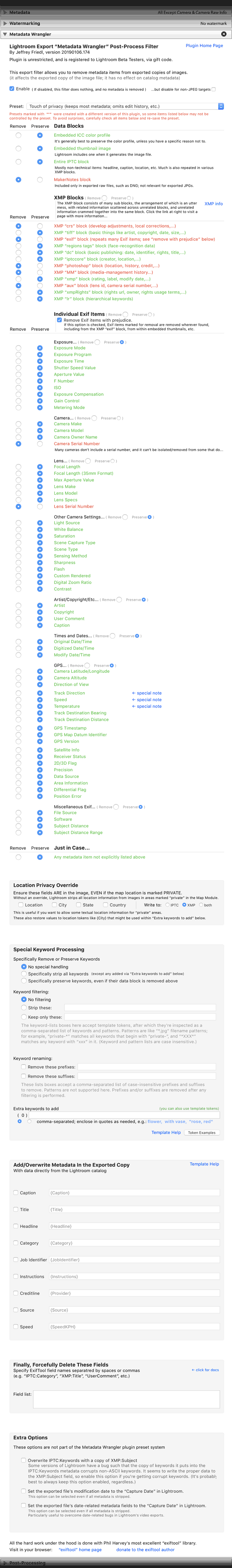 Screenshot of Jeffrey's
Metadata Wrangler plugin for Lightroom, allowing the removal of XMP,
EXIF, etc. metadata from an image exported from Lightroom