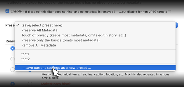 Preserve Metadata” and “Remove Metadata” are standard presets ...