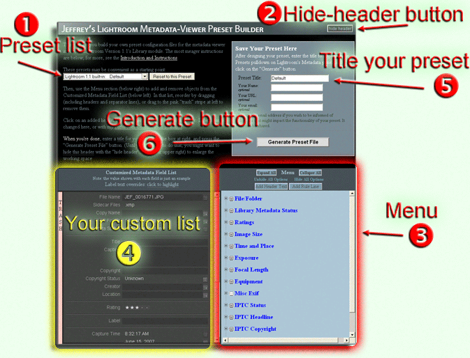 An annotated screenshot showing Jeffrey's Lightroom Metadata Viewer Preset Builder