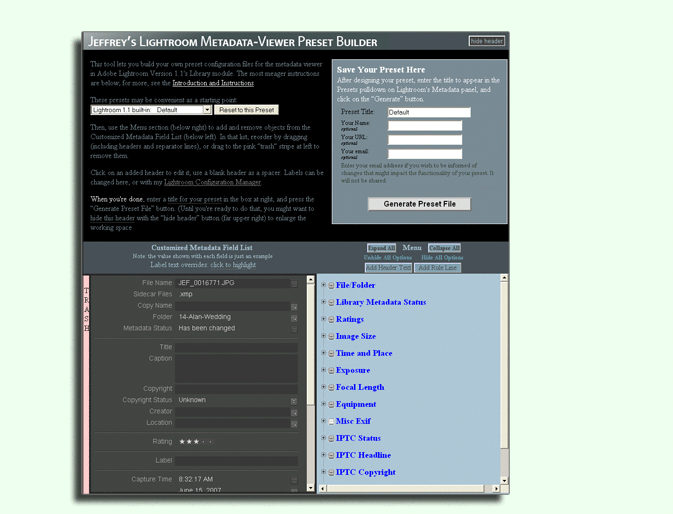 A screenshot showing Jeffrey's Lightroom Metadata Viewer Preset Builder