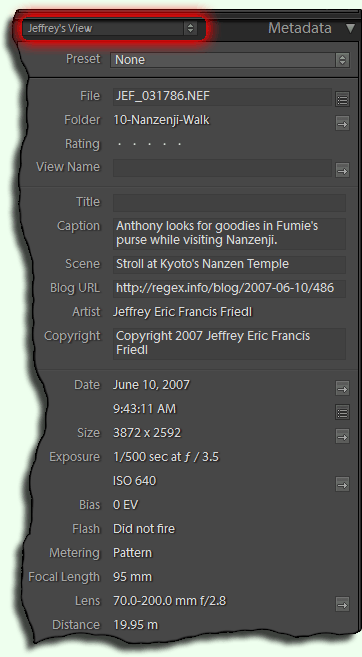 A screenshot showing a custom metadata viewer preset in Adobe Lightroom 1.1, created with Jeffrey's Lightroom Metadata Viewer Preset Builder