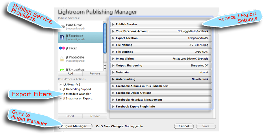 Items show up in the list of Publish Services (highlighted in the upper left) when their plugin is installed and enabled in the Plugin Manager.