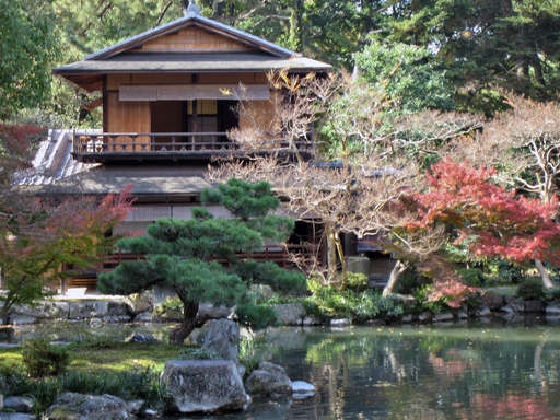 View from a bridge over a lake in the southern part of the old imperial palace, Kyoto, Japan