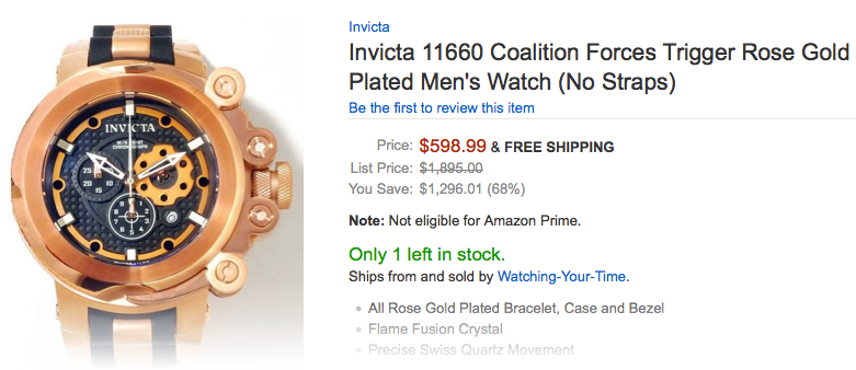 Amazon.com web page for an Invicta 11660 Coalition Forces Trigger Rose Gold Plated Men's Watch (No Straps)